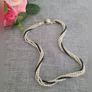 Vintage White & Black‎ Faux Pearl Twisted 4 Strands Necklace 20"